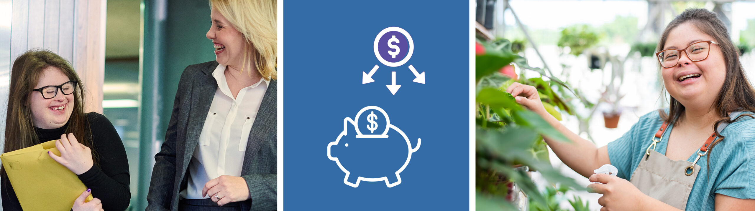 row of three images, two women laughing, piggy bank icon, smiling woman watering plants.