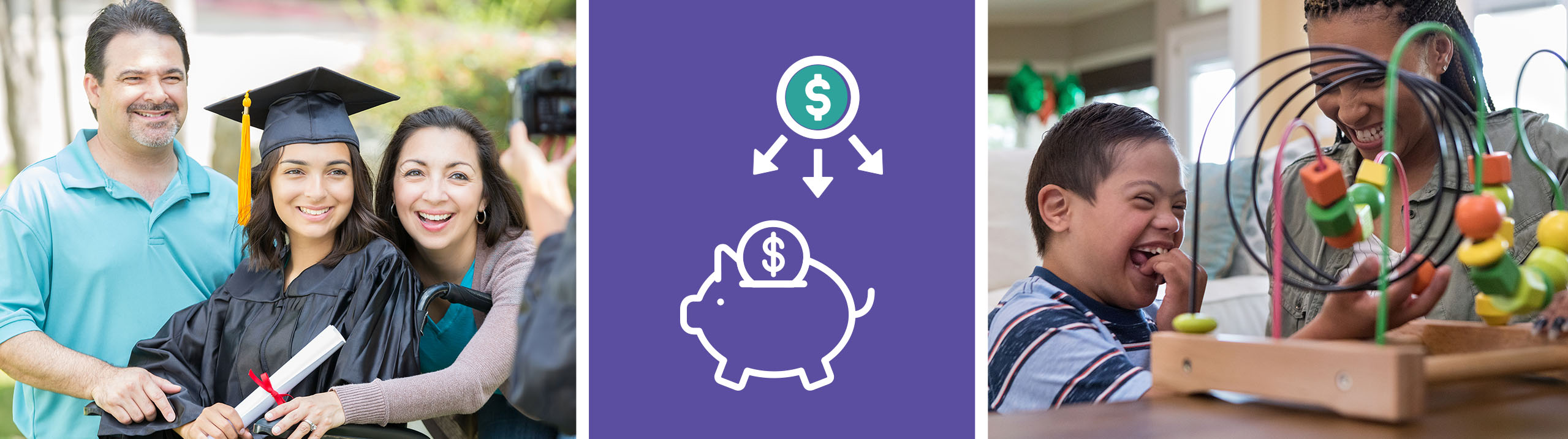 row of three images, family with daughter graduating, piggybank icon, boy playing with toy
